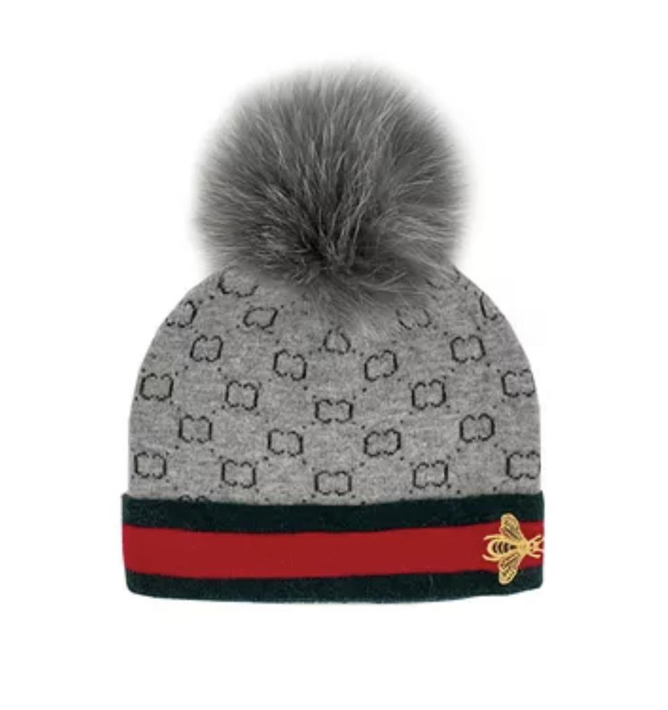 Gucci Print Hat with Bee & Fox Fur Pom