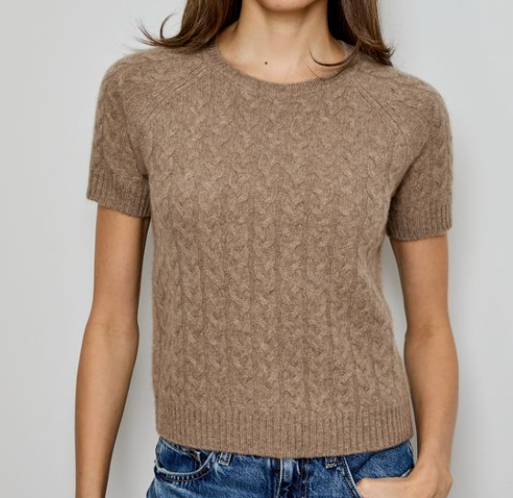 Cable Knit Short Sleeve Cashmere Sweater