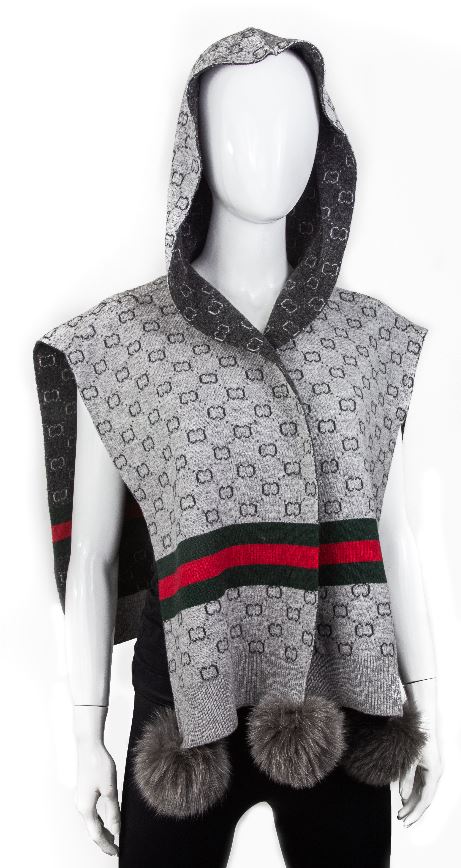 Hooded Wrap with Fox Fur Poms