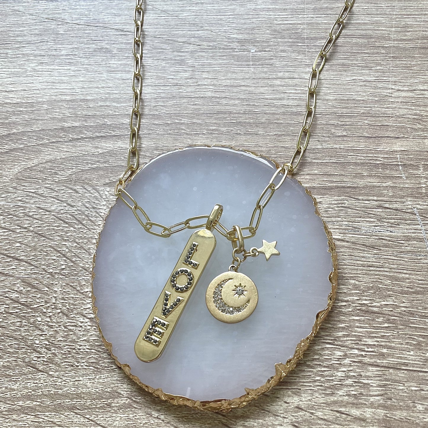 Gold 18" Chain Love Stick + Rhinestone Moon + Star Charm