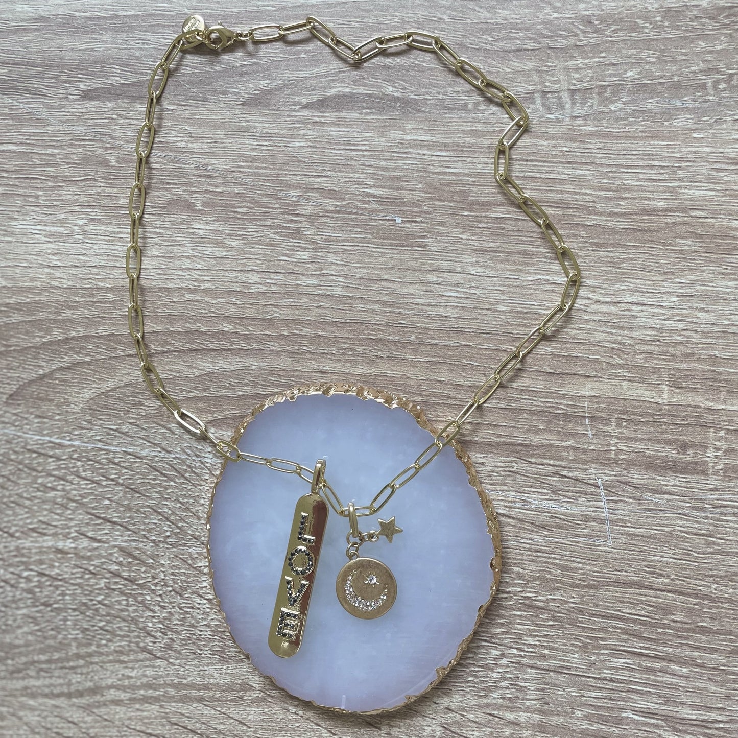 Gold 18" Chain Love Stick + Rhinestone Moon + Star Charm