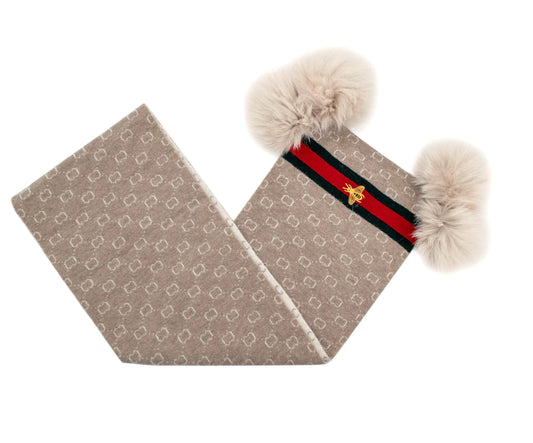 Gucci Print Scarf with Bee Emblem & Fox Poms