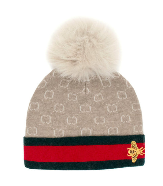 Gucci Print Hat with Bee & Fox Fur Pom
