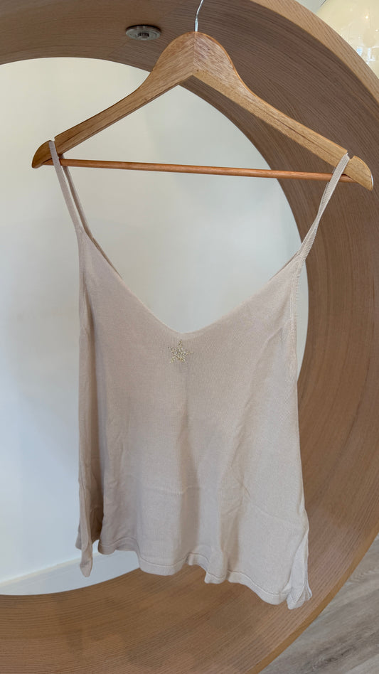 Tempo Paris Knit Tank Top With Glitter Star Detail Beige/Khaki -S/M