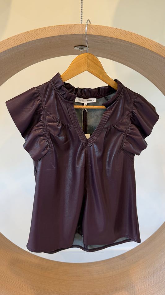 Melissa Nepton Faux Vegan Leather Ruffle Short Sleeve Bugandy/ Teal Izma Top