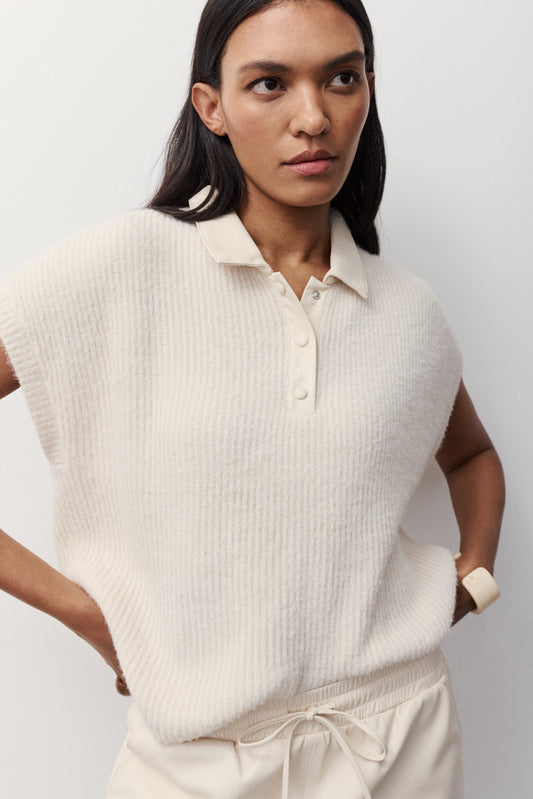 Melissa Nepton Lydie Mixed Media Faux Leather Collar Cream Polo Sweater