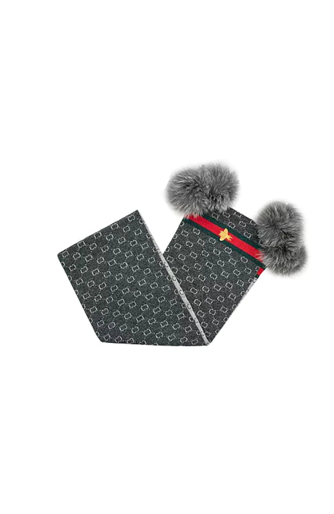 Gucci Print Scarf with Bee Emblem & Fox Poms