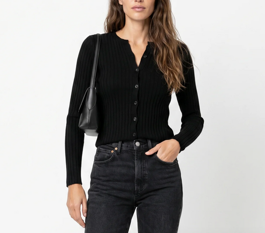 Amanda Maria Ribbed Button Front Top Cardigan BLK