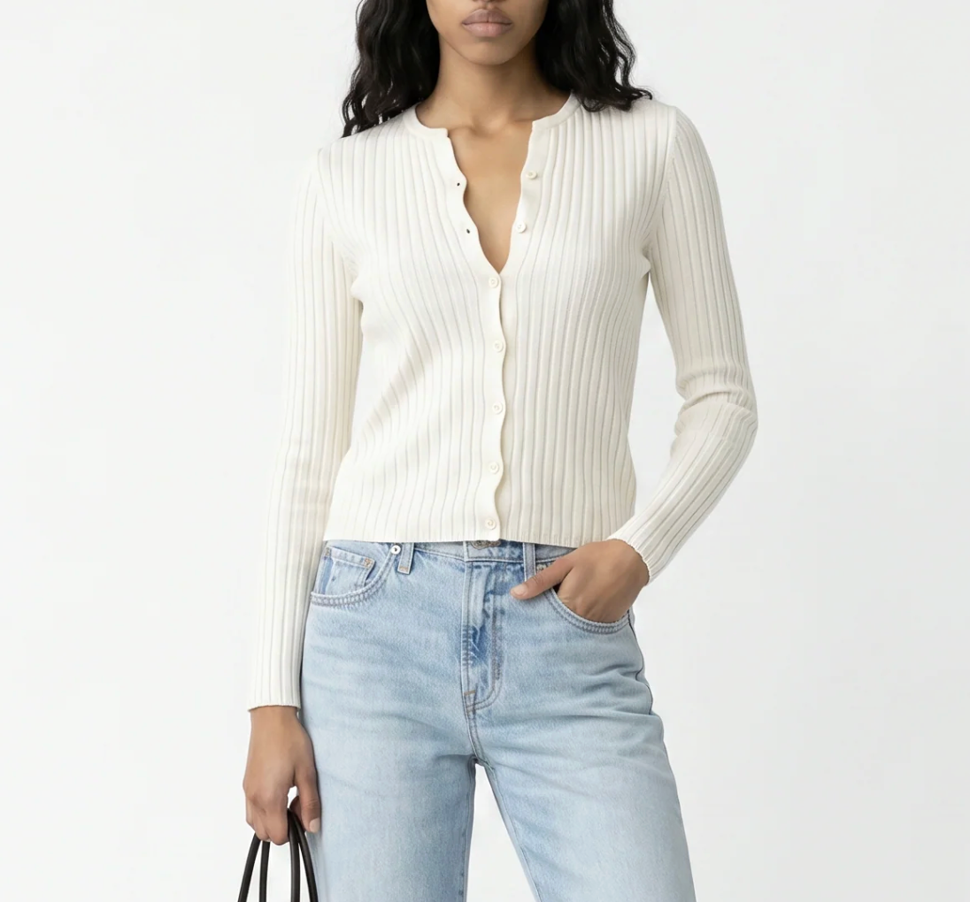 Amanda Maria Modol Ribbed Button Front Cardigan Ivory