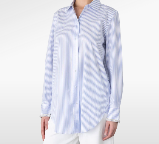 Generation Love Blue and White Striped Button Up with Pearl Embellished Cuffs Fiore Pinstripe Shirt