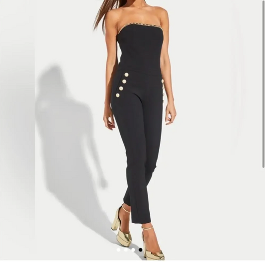 Generation Love Black and Gold Chain Strapless Crepe Jumpsuit "Alexis"