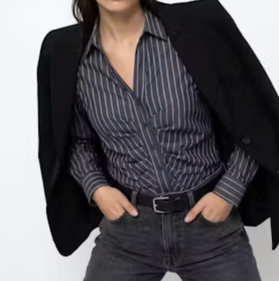 The Shirt LS Zaria Rouched V-Neck Charcoal/Taupe Button Up