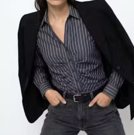 The Shirt LS Zaria Rouched V-Neck Charcoal/Taupe Button Up