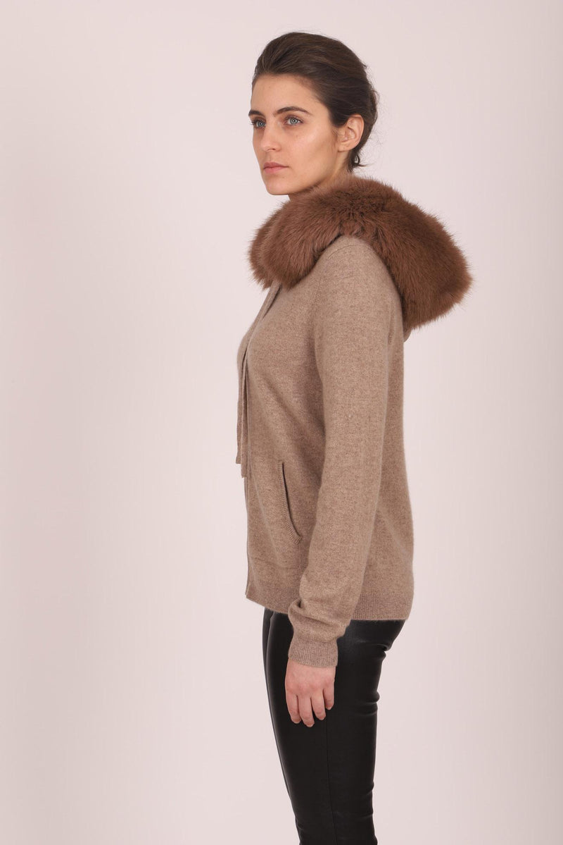 Zip faux fur long sleeve cashmere sweater
