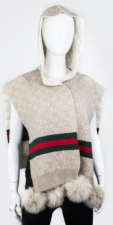 Hooded Wrap with Fox Fur Poms