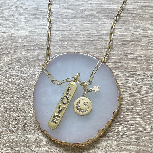 Gold 18" Chain Love Stick + Rhinestone Moon + Star Charm