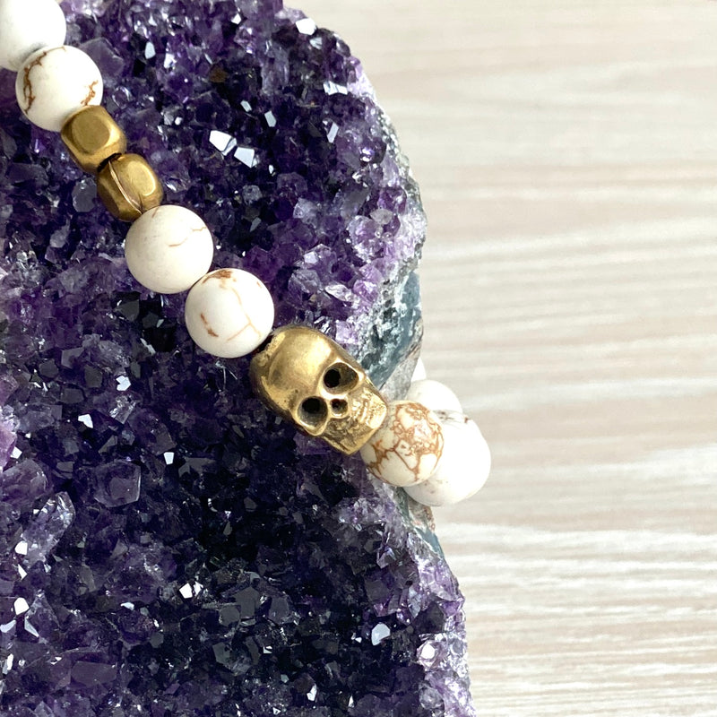 Skull and Tumbled Moonstone Bead Bracelet