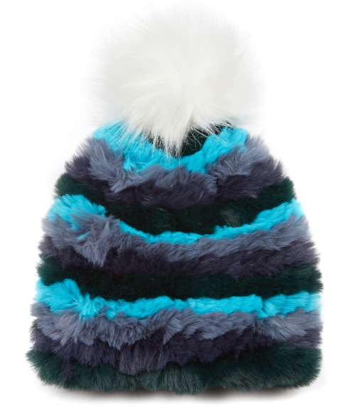 Striped Knitted Faux Fur Hat with Pom Pom