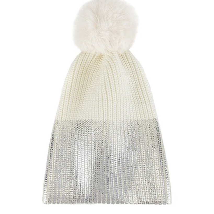 Fade Out Metallic Hat with Faux Fur Pom Pom