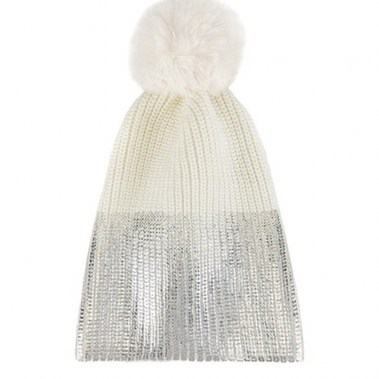 Fade Out Metallic Hat with Faux Fur Pom Pom